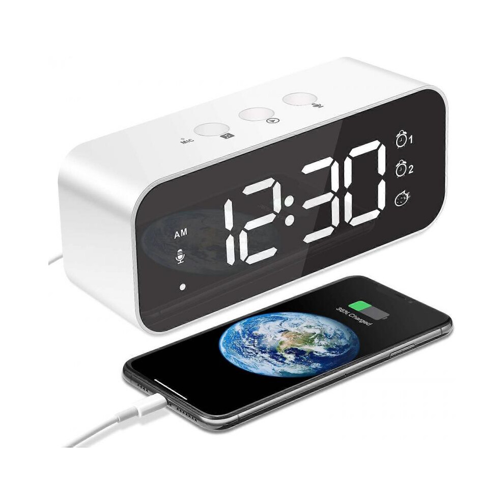 Digital Alarm Clock, Digital Alarm Morning Mirror Led Large Screen With Snooze/2 Alarms, White-image