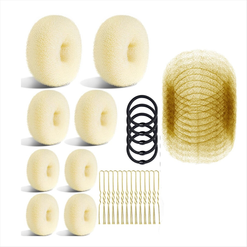 Sin Marca Unisex Cream Bun Maker And Hair Nets Set,With 8 Bun Makers For Women Beige