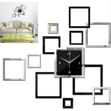 Square creative wall clock, DIY wall stickers, acrylic mirror decoration,