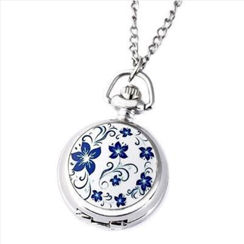 Relógio de bolso clássico de quartzo prateado com flor de lótus azul 1