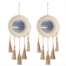 Wall Mirror Hanging Wall Mirror with Wood Beads Fringe Handmade Round