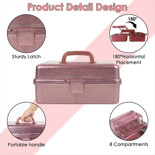 Glitter Pink & Craft Tool Storage Box,3-Layer Stackable Carry Tackle 1