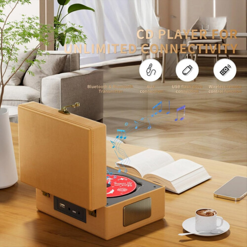 Oplaadbare leren cd-speler met luidsprekers en Bluetooth-zender 1