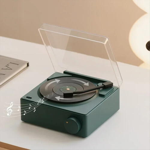 Retro Vinyl Wireless Bluetooth Speaker Clock Record Player Green 1