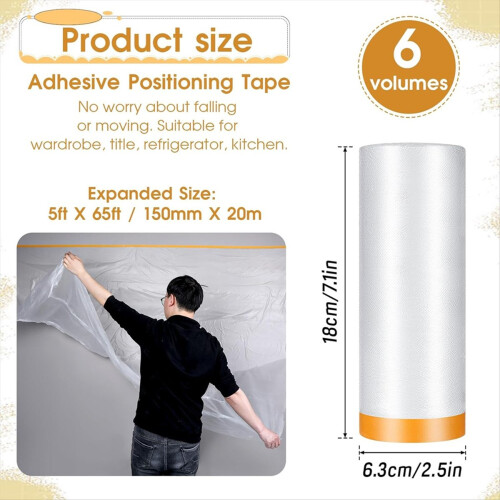 6 rollen voorgetapete afplakfolie, 60 inch x 65 ft, schildersplastic 1