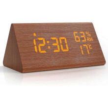Alarm Digital LED Digital Clock Wood with Voice Control/Snooze/Date/Temperature and Humidity, Brown
