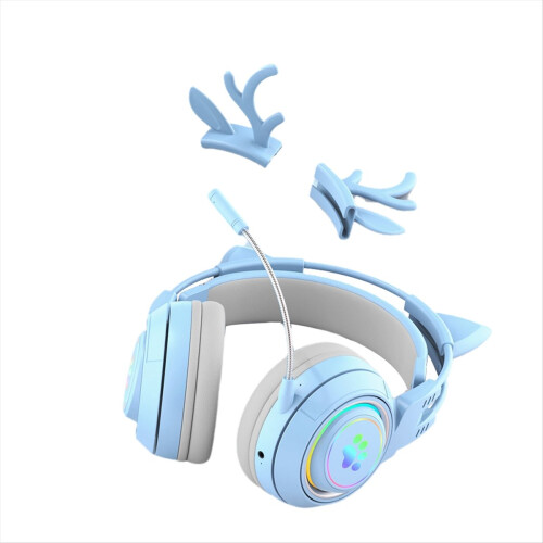 Casque Bluetooth sans fil avec oreilles de chat et bois de cerf, bleu