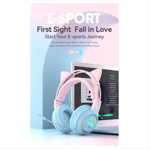 Casque Bluetooth sans fil avec oreilles de chat et bois de cerf, bleu 2