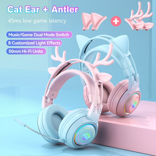Casque Bluetooth sans fil avec oreilles de chat et bois de cerf, bleu 1