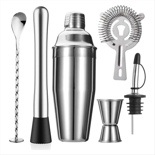 Shaker Strainer Muddler Jigger Mixing Spoon Pour Spout Bartender Kit