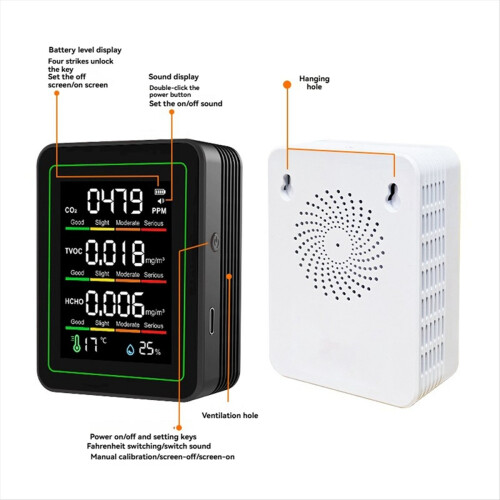 Binnenluchtkwaliteitsmonitor, CO2-monitor/temperatuur/formaldehydezwart 2
