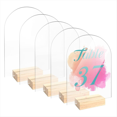 Placa de acrílico transparente em arco com 5 peças de 5x7 polegadas e suporte de madeira