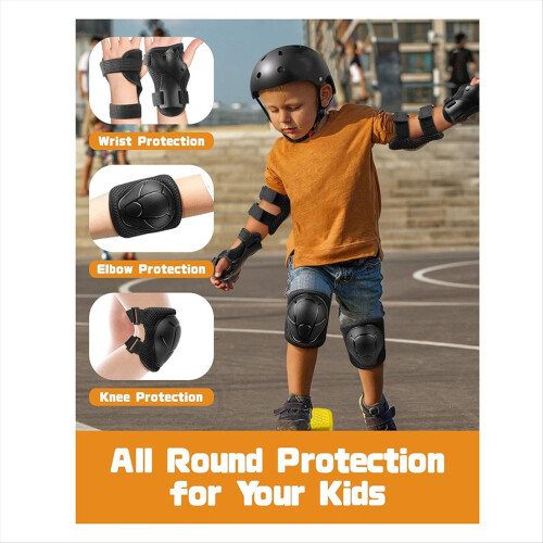 Kids Protective Gear Set Knee Elbow Pads with Wrist Guards Black 2