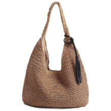 Handwoven Soft Large Straw Shoulder Bag with Black Tassels Boho Straw Handle Tote Retro Summer Beach Bag