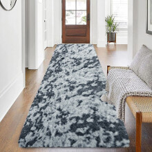 (60x220 cm (2x7.2 ft) Runner Rug, Marble Black & Grey) Shaggy Rugs Marble Pattern-Non Slip Thick Pile Fluffy Area Rugs for Bedroom & Living room