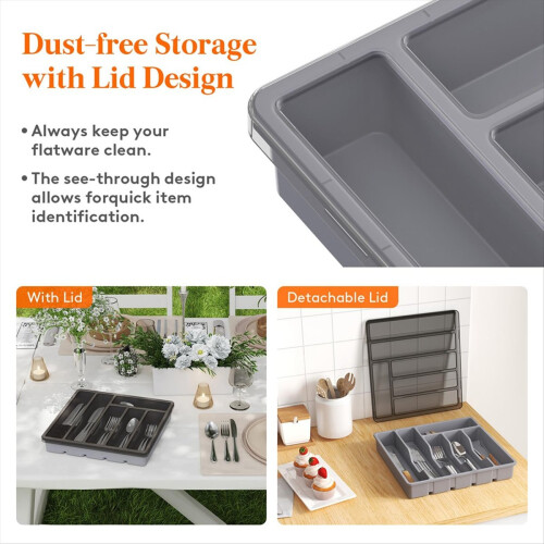 Silverware Organizer with Lid,Covered Utensil Tray Gray 2