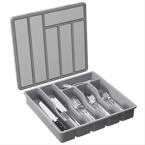 Silverware Organizer with Lid,Covered Utensil Tray Gray