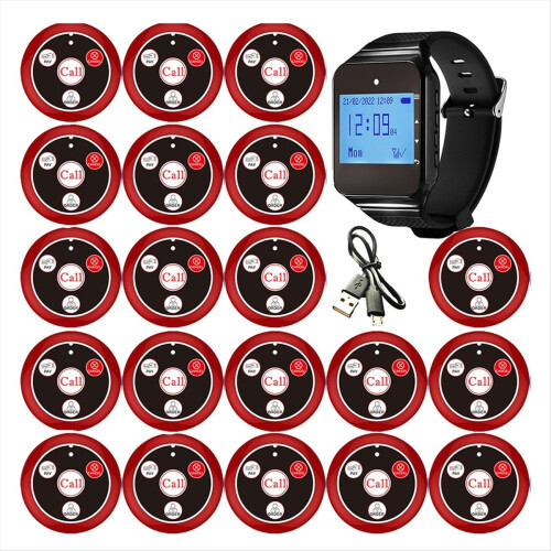 Wireless Restaurant Pager Calling System with Watch Call Button Red