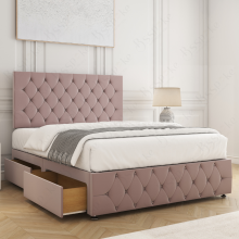 (Pink, 4FT6" Double (No Mattress)) Mulberry Divan Bed with 2 Storage Drawers | Plush Velvet Upholstered Double Bed Base 26 Headboard & 12 Footboard with Mattress Option