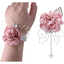 Rose Corsage Bracelet, 2PCS Floral Wedding Wrist Corsage with Rhinestone and Pearl
