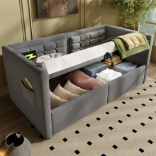 3FT Daybed with Charging Station & Hydraulic Storage, Grey, Velvet
