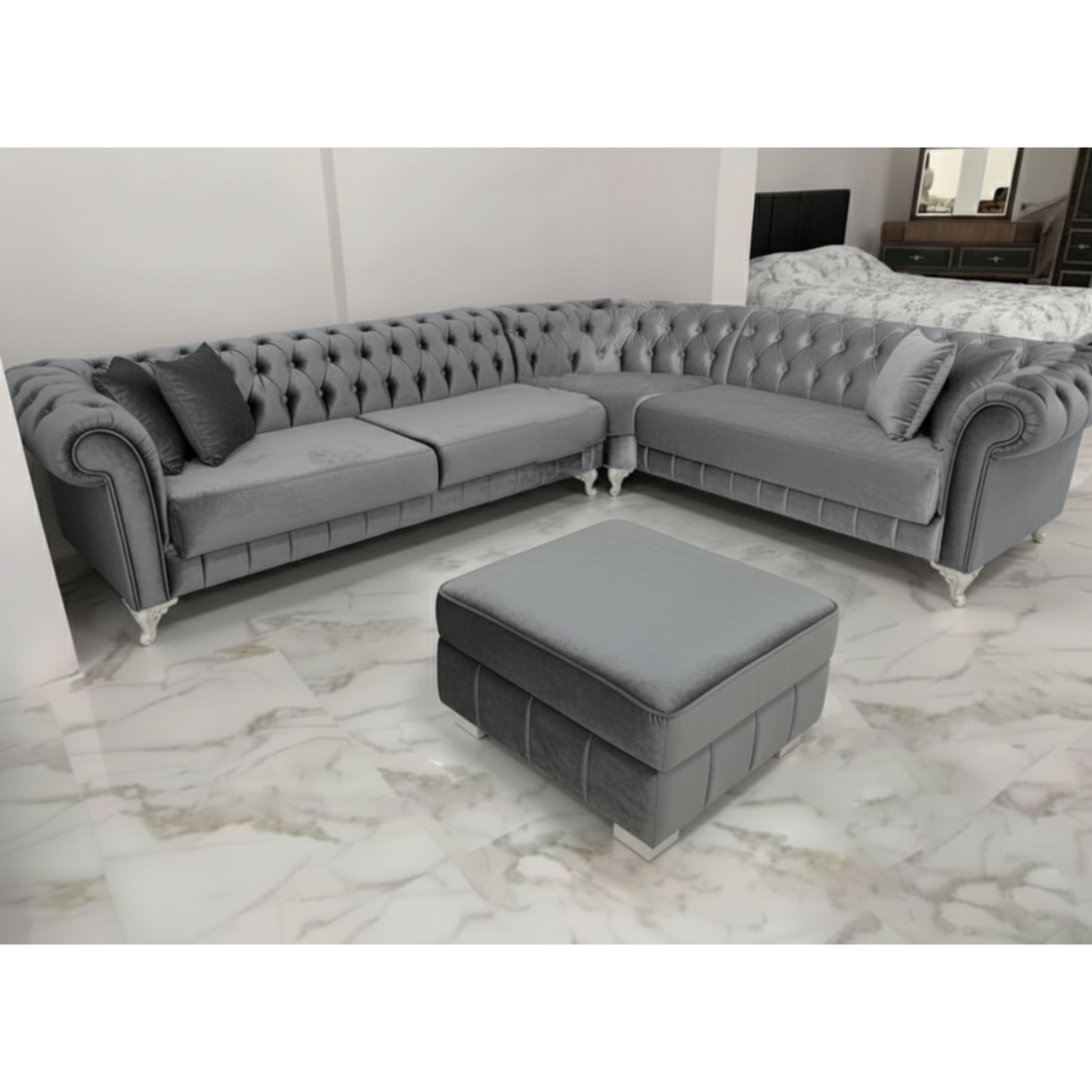 (Cream Velvet, 5 Seater (Corner)) Chesterfield Style 4/5/6-Seater Sofa Corner Settee Chaise Lounge Couch Sofa for Living Room-image-OPC-PKFXTZG-NEW