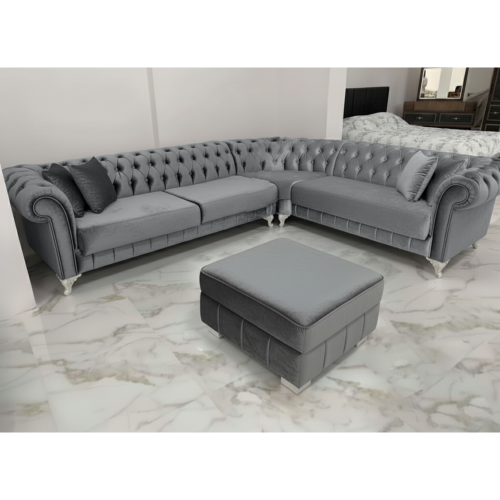 (Grey Velvet, 6 Seater (Left hand)) Chesterfield Style 4/5/6-Seater Sofa Corner Settee Chaise Lounge Couch Sofa for Living Room