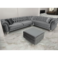 (Grey Velvet, 6 Seater (Right hand)) Chesterfield Style 4/5/6-Seater Sofa Corner Settee Chaise Lounge Couch Sofa for Living Room