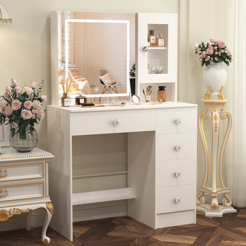 Vanity Makeup Desk with LED Lighted Mirror and 6 Drawers White 1