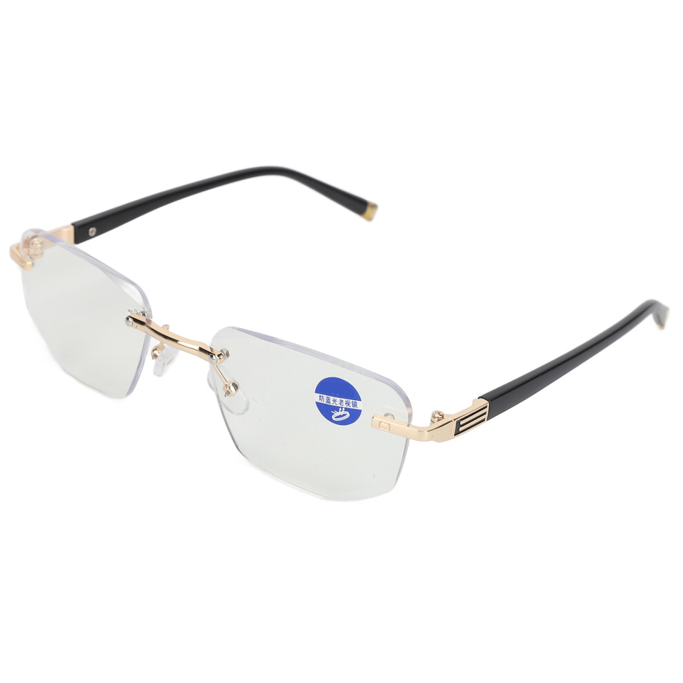 Presbyopic Glasses Frameless Blue Light Block High Definition Resin Lens +200 Gold Temples