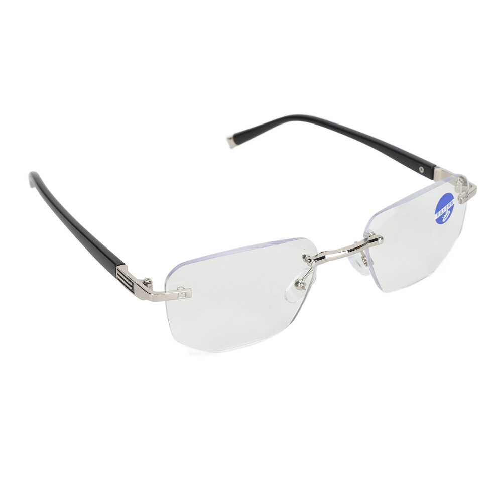 Blue Light Blocking Presbyopic Glasses Frameless Resin High Definition for Elderly +100 Silver Temples