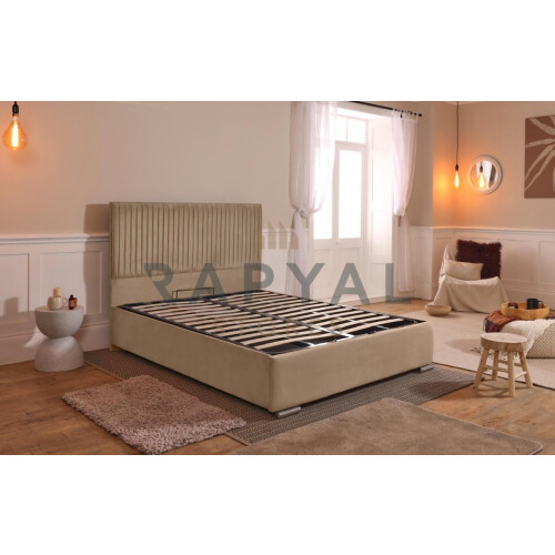 (Single, Beige) Budapest Velvet Bedframe with Optional Ottoman Storage - Classic & Modern