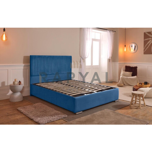 (Single, Blue) Budapest Velvet Bedframe with Optional Ottoman Storage - Classic & Modern