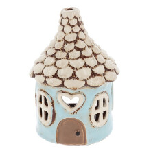 Village Pottery Round Heart House Tea Light Holder - Blue