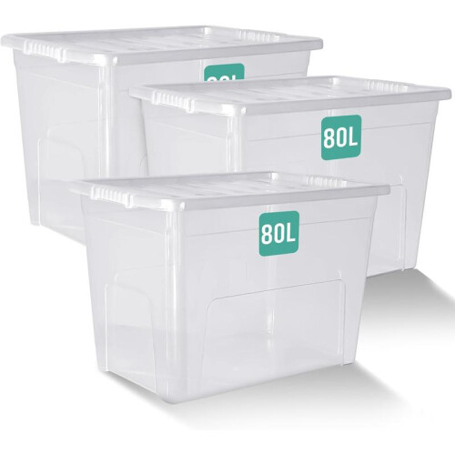 (Default) 80L Storage Boxes With Lids Set of 3, Clear Large Plastic Storage Box With Lid, Strong & BPA Free Stackable Storage Boxes, Multipurpose