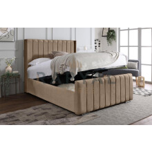 (5ft, No Ottoman, With Mattress) OTTOMAN STORAGE BED PANEL BEIGE PLUSH VELVET UPHOLSTERED BED FRAME- WINGED VEGAS HEADBOARD
