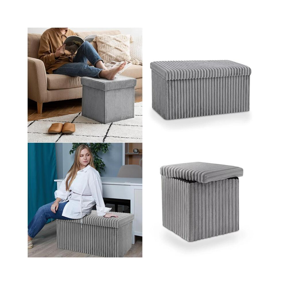 (Grey, Large - 76x35x35cm) Ribbed Storage Box Large Capacity Ottoman Multi-Purpose Seat Foot Stool Bench Folding Storage Organizer with Lid for Kids T-image-OPC-PKG2TQ8-NEW