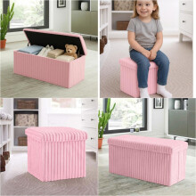 (Pink, Medium - 38x38x38cm) Ribbed Storage Box Large Capacity Ottoman Multi-Purpose Seat Foot Stool Bench Folding Storage Organizer with Lid for Kids Toys Bedroom Hallw