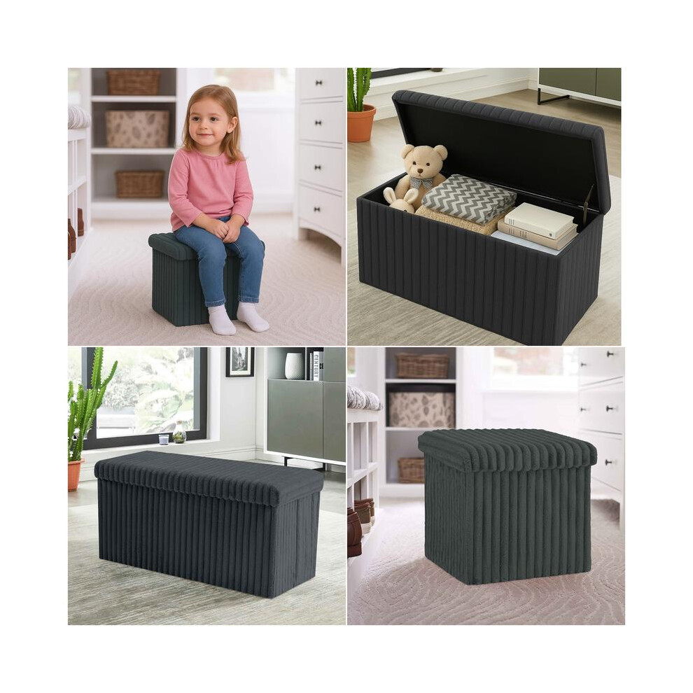 (Charcoal, Medium - 38x38x38cm) Ribbed Storage Box Large Capacity Ottoman Multi-Purpose Seat Foot Stool Bench Folding Storage Organizer with Lid for K-image-OPC-PKG2TQ7-NEW