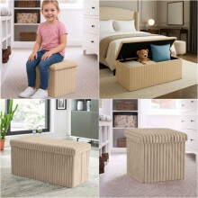 (Mink, Medium - 38x38x38cm) Ribbed Storage Box Large Capacity Ottoman Multi-Purpose Seat Foot Stool Bench Folding Storage Organizer with Lid for Kids Toys Bedroom Hallw