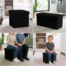 (Black, Medium - 38x38x38cm) Ribbed Storage Box Large Capacity Ottoman Multi-Purpose Seat Foot Stool Bench Folding Storage Organizer with Lid for Kids Toys Bedroom Hallw