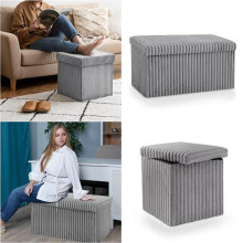 (Grey, Medium - 38x38x38cm) Ribbed Storage Box Large Capacity Ottoman Multi-Purpose Seat Foot Stool Bench Folding Storage Organizer with Lid for Kids Toys Bedroom Hallw