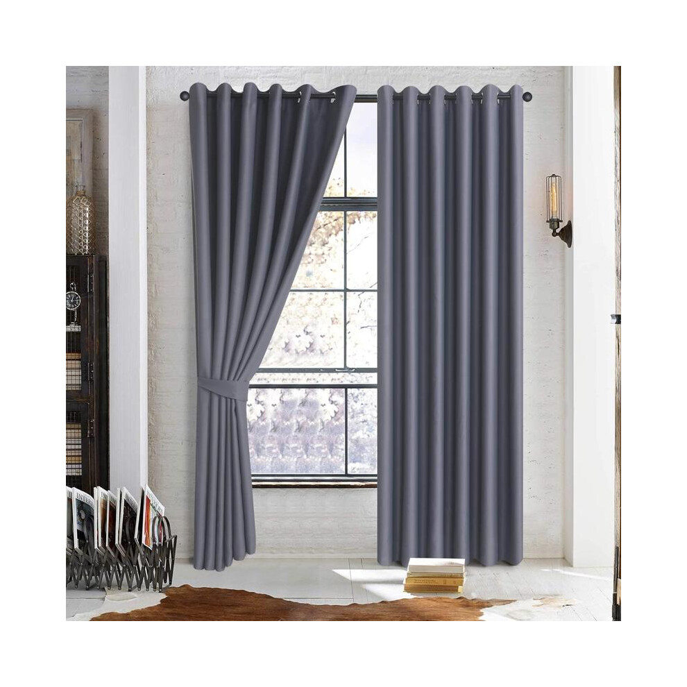 (Grey, 66" width x 72" drop) Insulated Heavy Thick Blackout Curtains Eyelet Ring Top Pair Panel Curtain-image-OPC-PKG2WBY-NEW