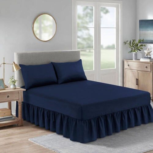 (Navy, King) 100% Polycotton 180 Thread Fitted Valance Sheet Pleated Extra Deep All Sizes Single, Double, King and Super King