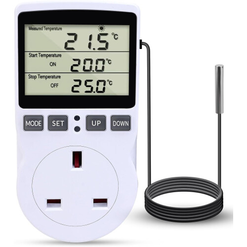 Digital Temperature Thermostat Controller UK Plug Outlet Socket with 1.7m Sensor 230V 16A Heating Cooling Timer for Greenhouse Freezer Fermentation