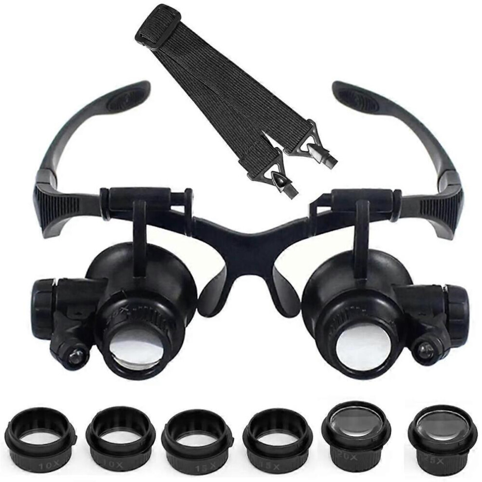 10X 15X 20X 25X LED Magnifier Illuminated Double Eye Glass Jeweler Loupe Repair Headband Magnifying for Watch Make