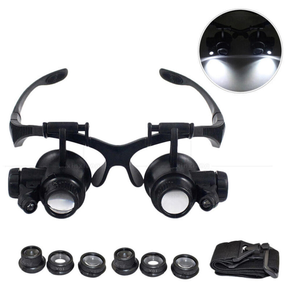 10X 15X 20X 25X LED Magnifier Illuminated Double Eye Glass Jeweler Loupe Repair Headband Magnifying for Watch Make