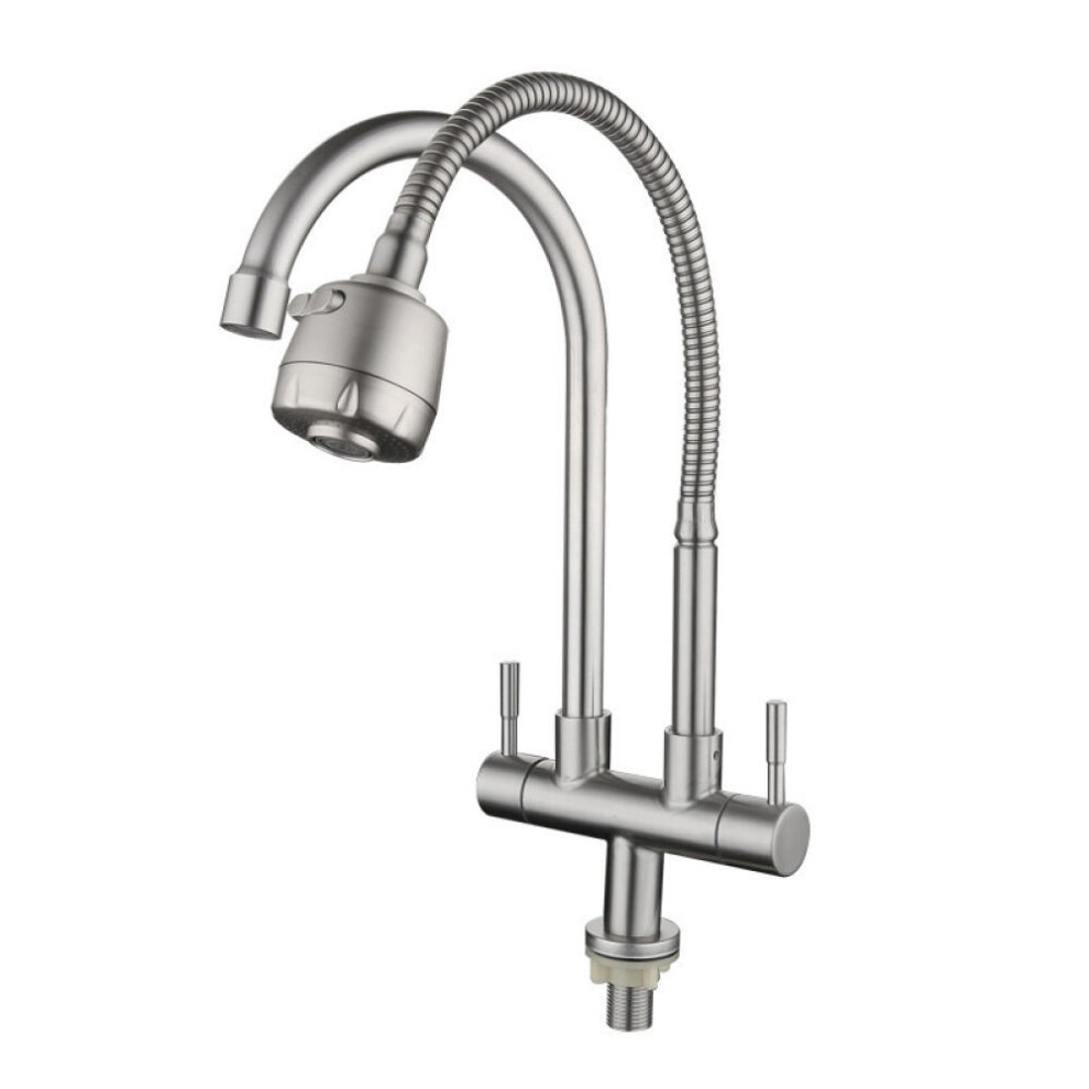 Kitchen Double Outlet Faucet 304 Stainless Steel Single Cold Double Pipe Tap Universal Rotating Sink Faucets(C) 9092950370419