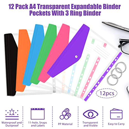 12PCS Punched Pockets Clear Plastic File Wallets Snap Closure 1