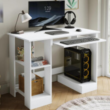 Blisswood Home Office Desk, White Computer Desk With Shelves & Sliding